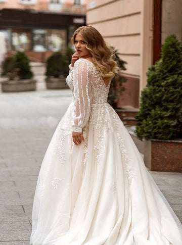 Runhufu A-line Plus Size Wedding Dresses 2023 for Women Tulle Long Sleeve V-neck Appliques Bridal Gown Elegant Robe de Mariee